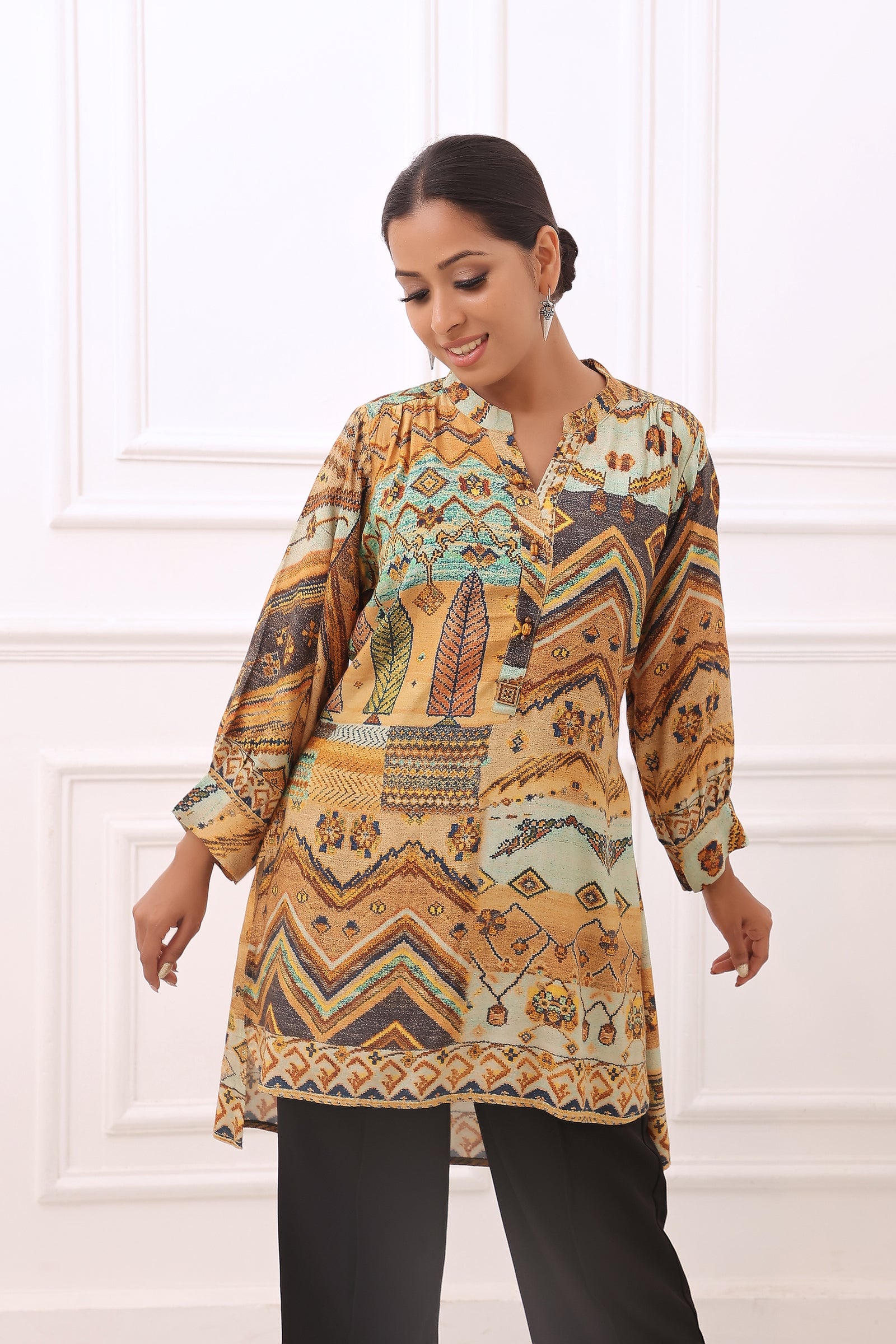 Sand Beige And Turquoise Blue High Low Printed Tunic