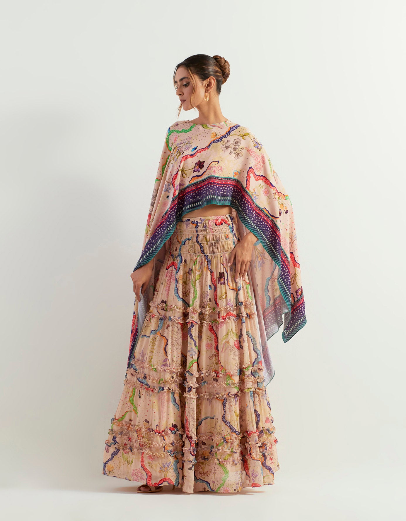 Eclectic printed dupatta cape with inner paired with  printed skirt