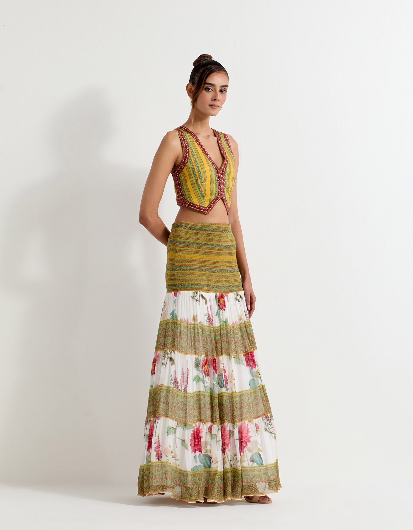 Daisy printed poplin lycra waist coat paired with georgette tiered skirt with stretch waist band