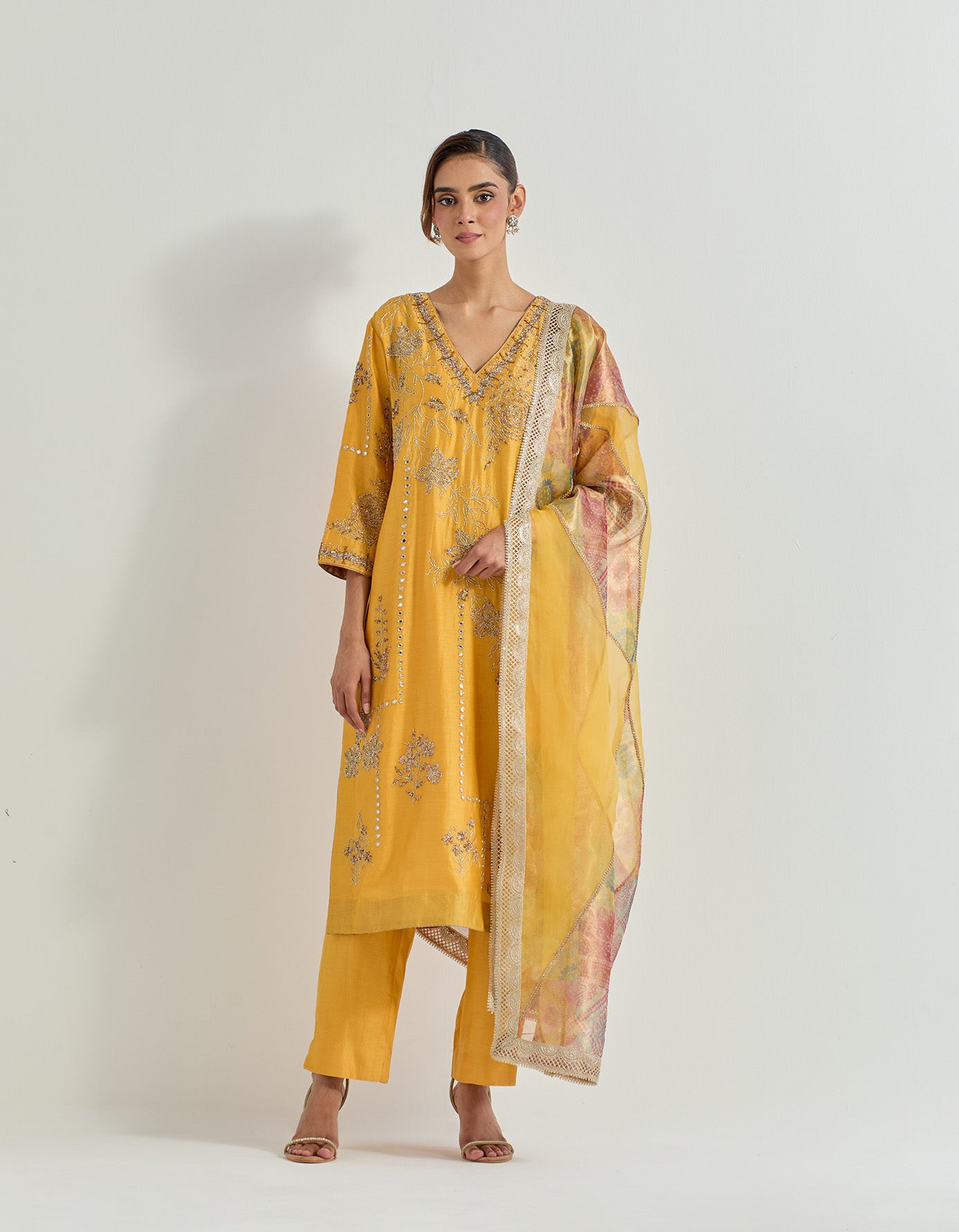 Chanderi silk hand embellished long kurta paired with patch work dupatta