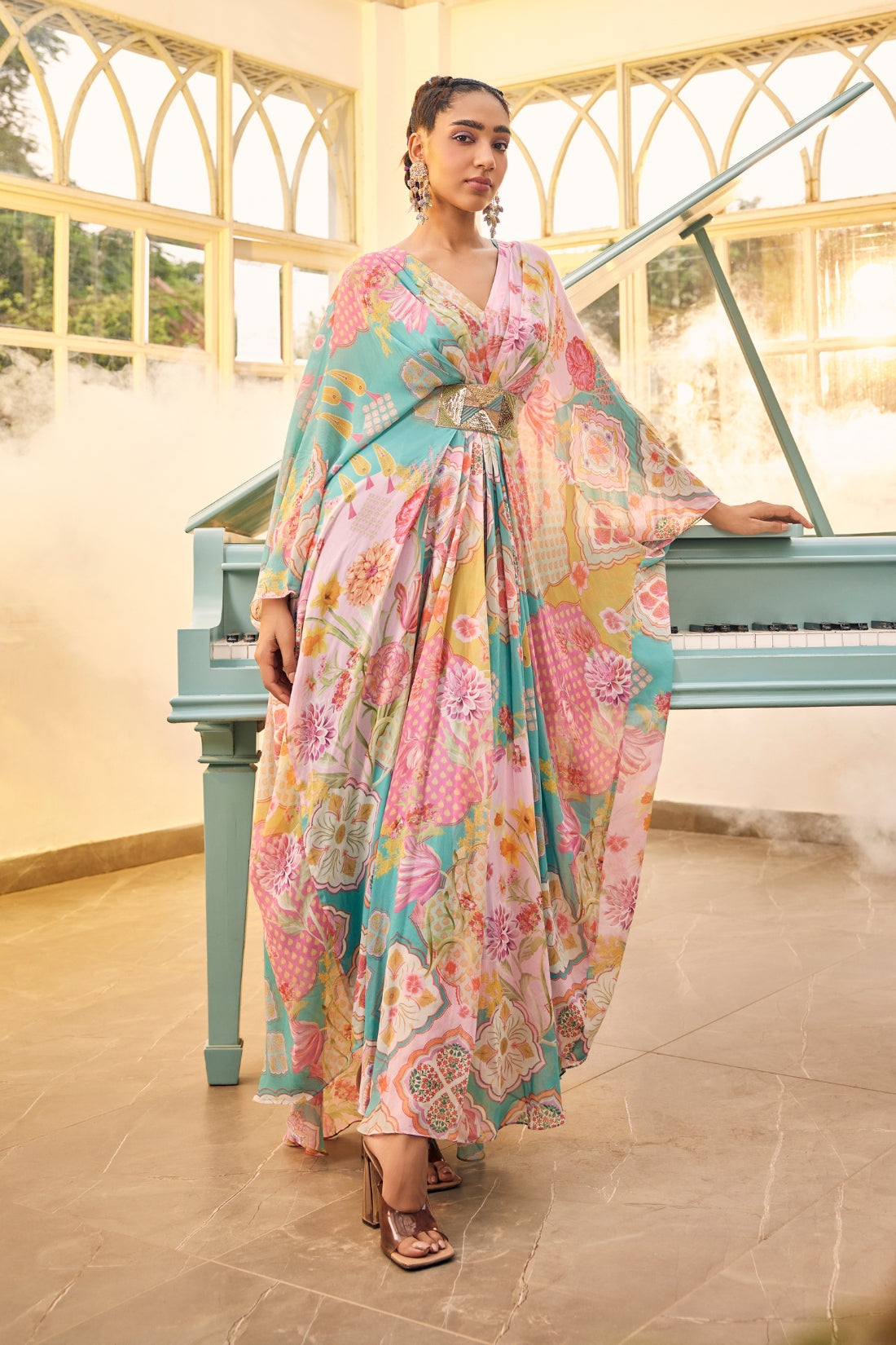 The Ensemble Features A Stunning Turquoise Blue Kaftan Set
