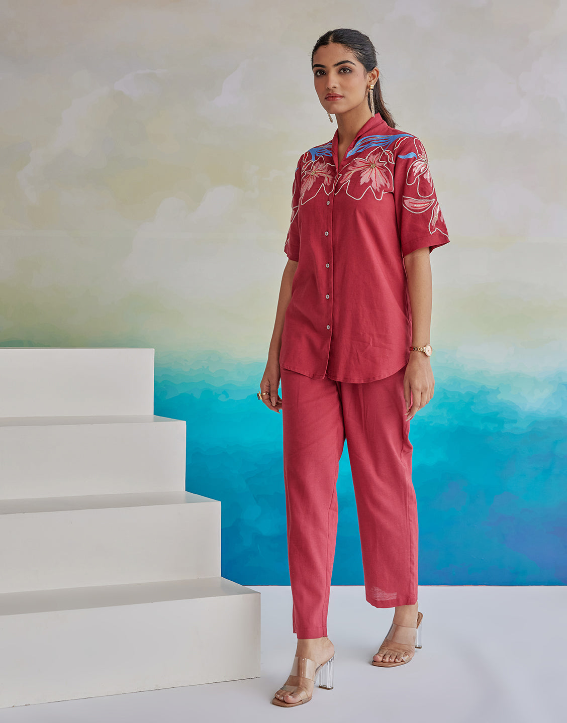 Red Floral Twist Thread Embroidery Work Viscose Flex Tunic Shirt And Pant Co-ord Set