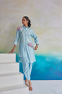 Marine Mirage Sky Blue Thread And Bead Embroidery Asymmetric Shirt Style Tassel Detail Tunic With Pants