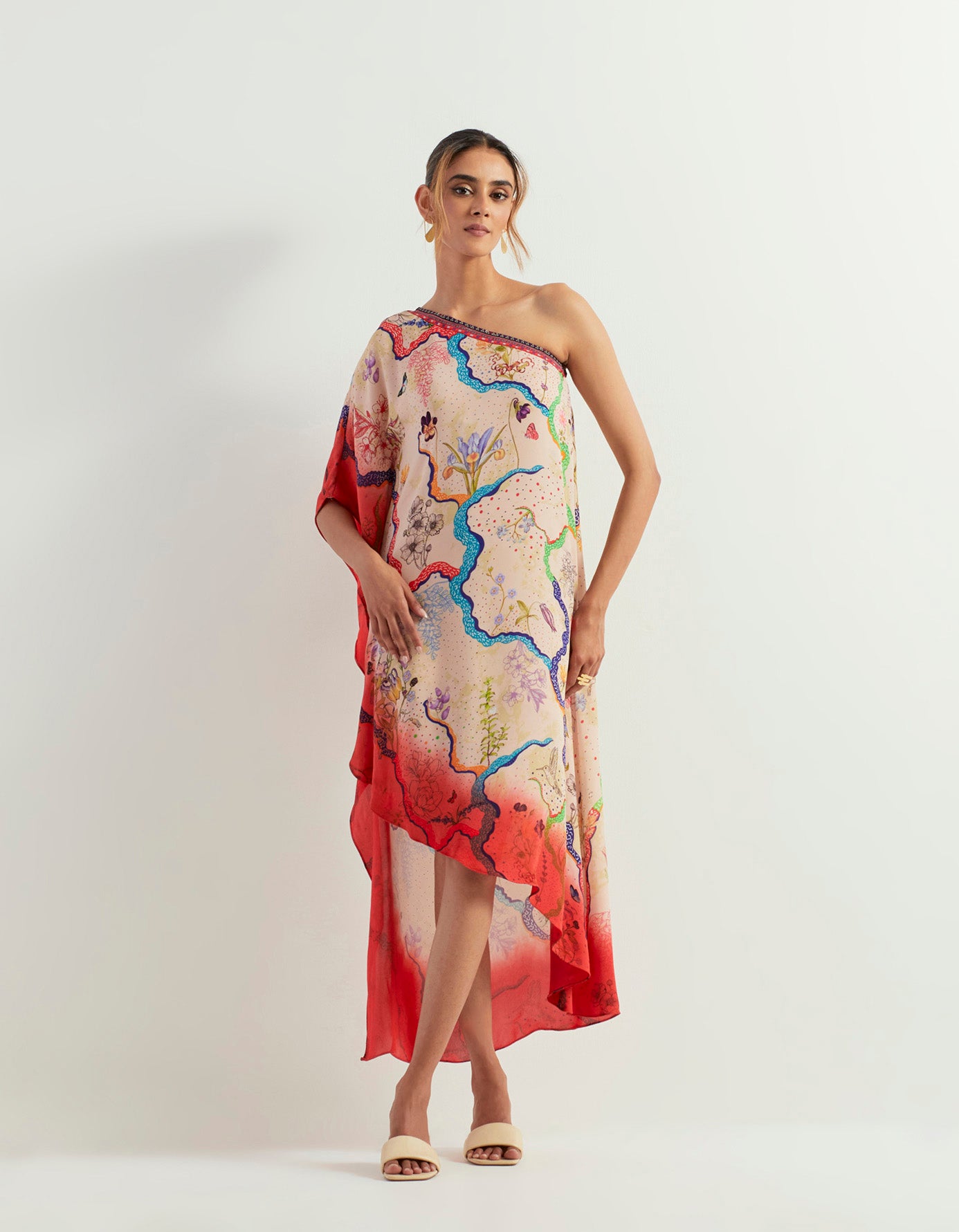 Eclectic printed one shoulder tie dye kaftan dress