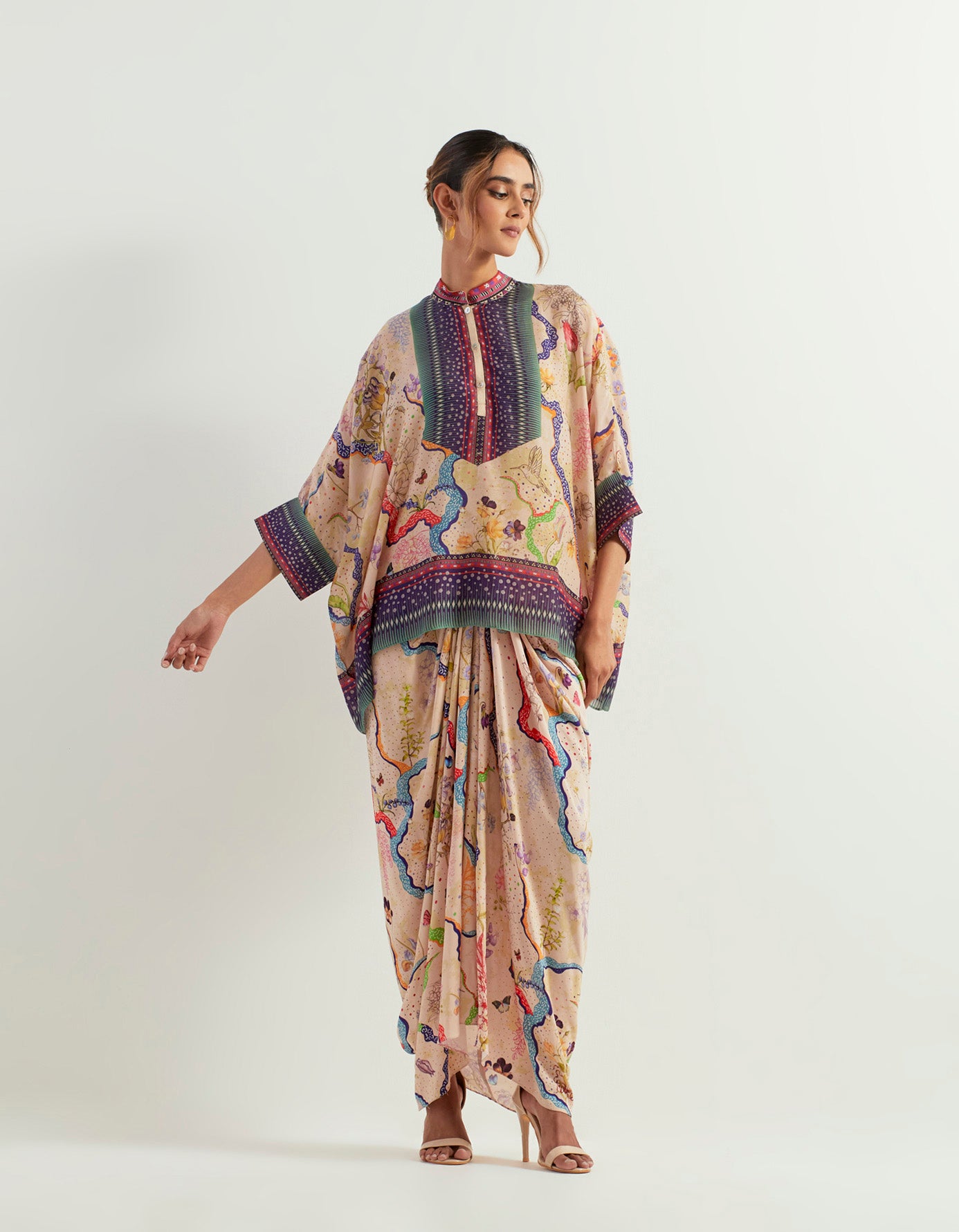 Eclectic printed loose top with drape skirt