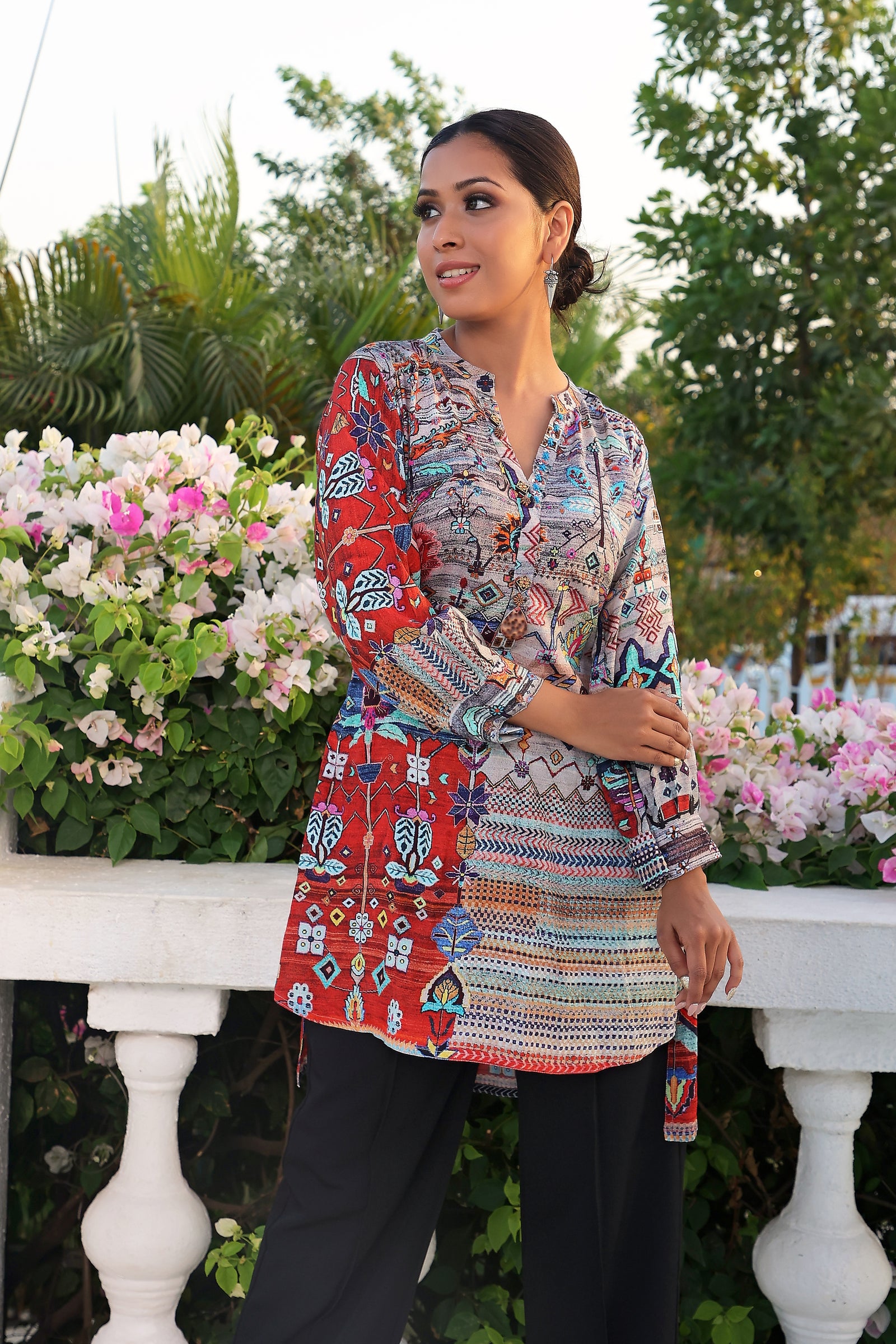 Red And Grey Multicolour Printed High Low Tunic