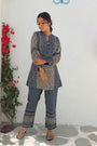 Kyna Blue And Beige Contempoarary Placement Print Tunic Set With Wooden Embellishment