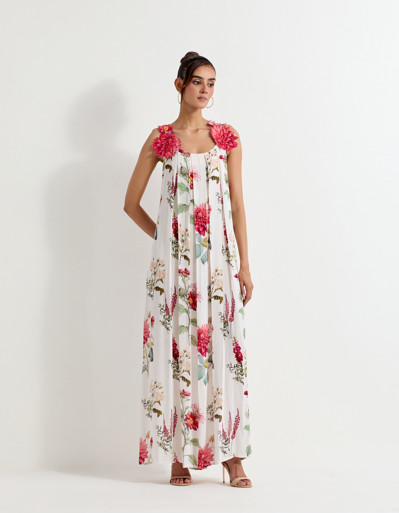 Daisy printed georgette dress with 3d floral embroidery