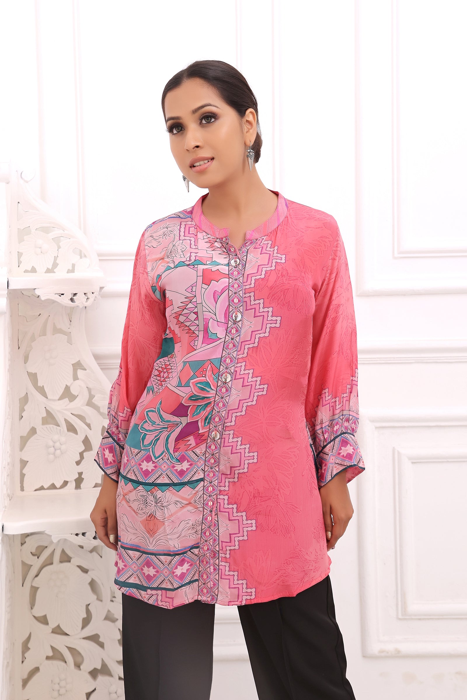 Fuchsia Pink Tunic With Geometric And Floral Print