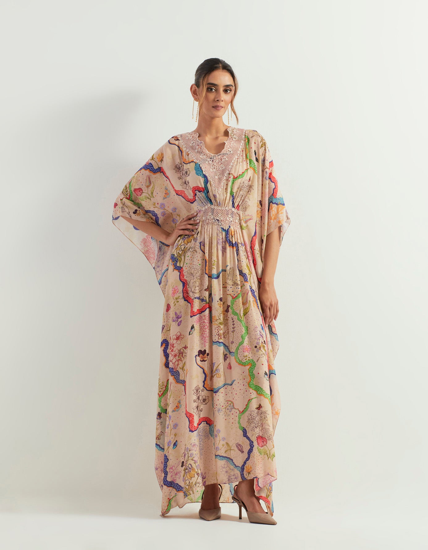 Eclectic printed long kaftan dress with lace and stone work