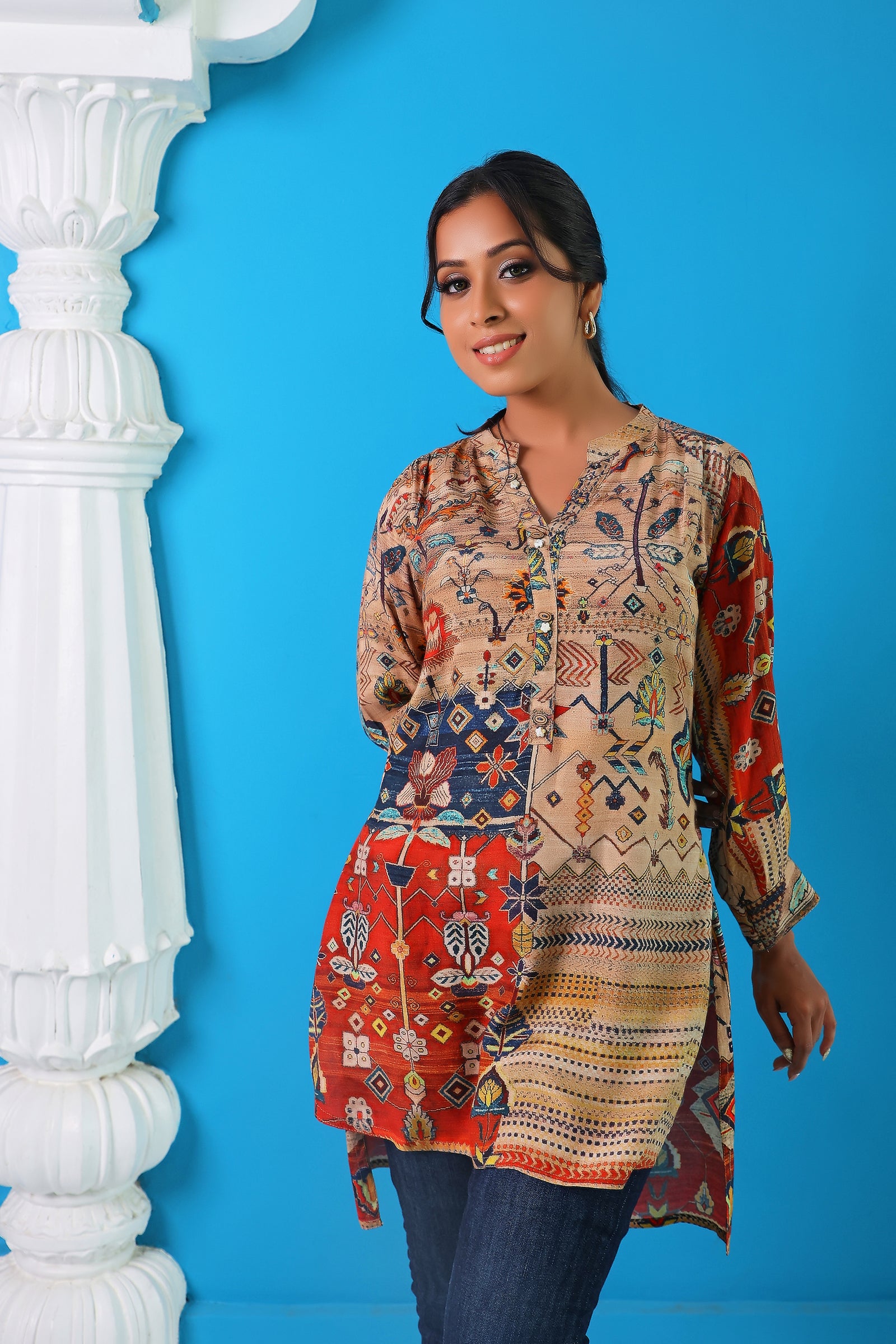 Sand Beige And Turquoise Blue High Low Multicolour Printed Tunic