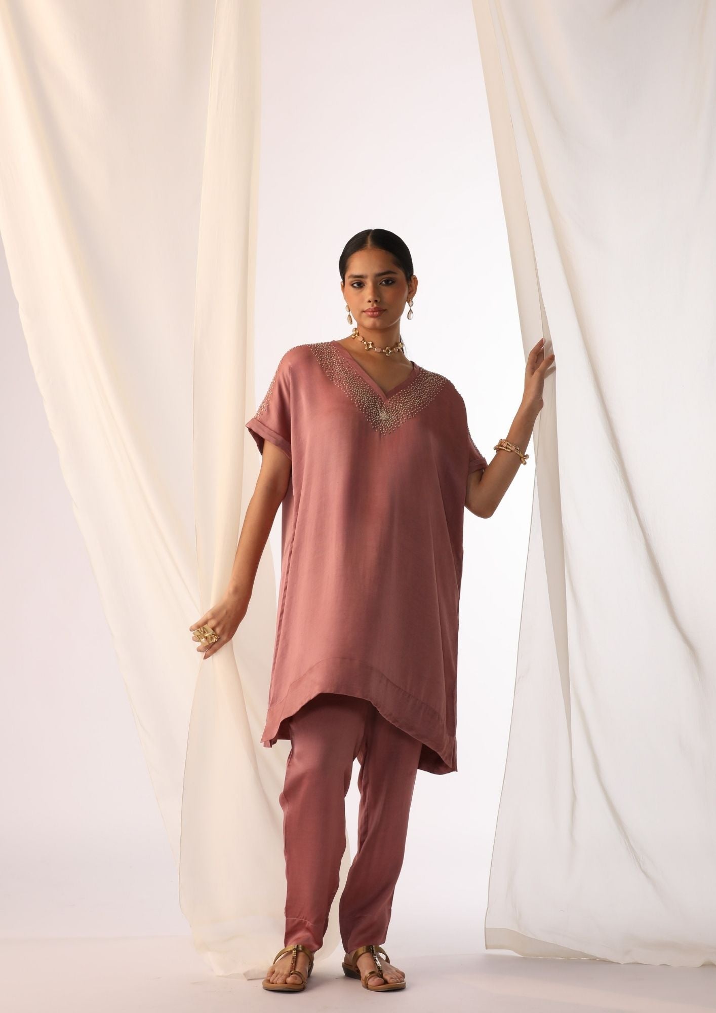Linen Satin Co-Ord Set With  Knot  Handwork Embroidery