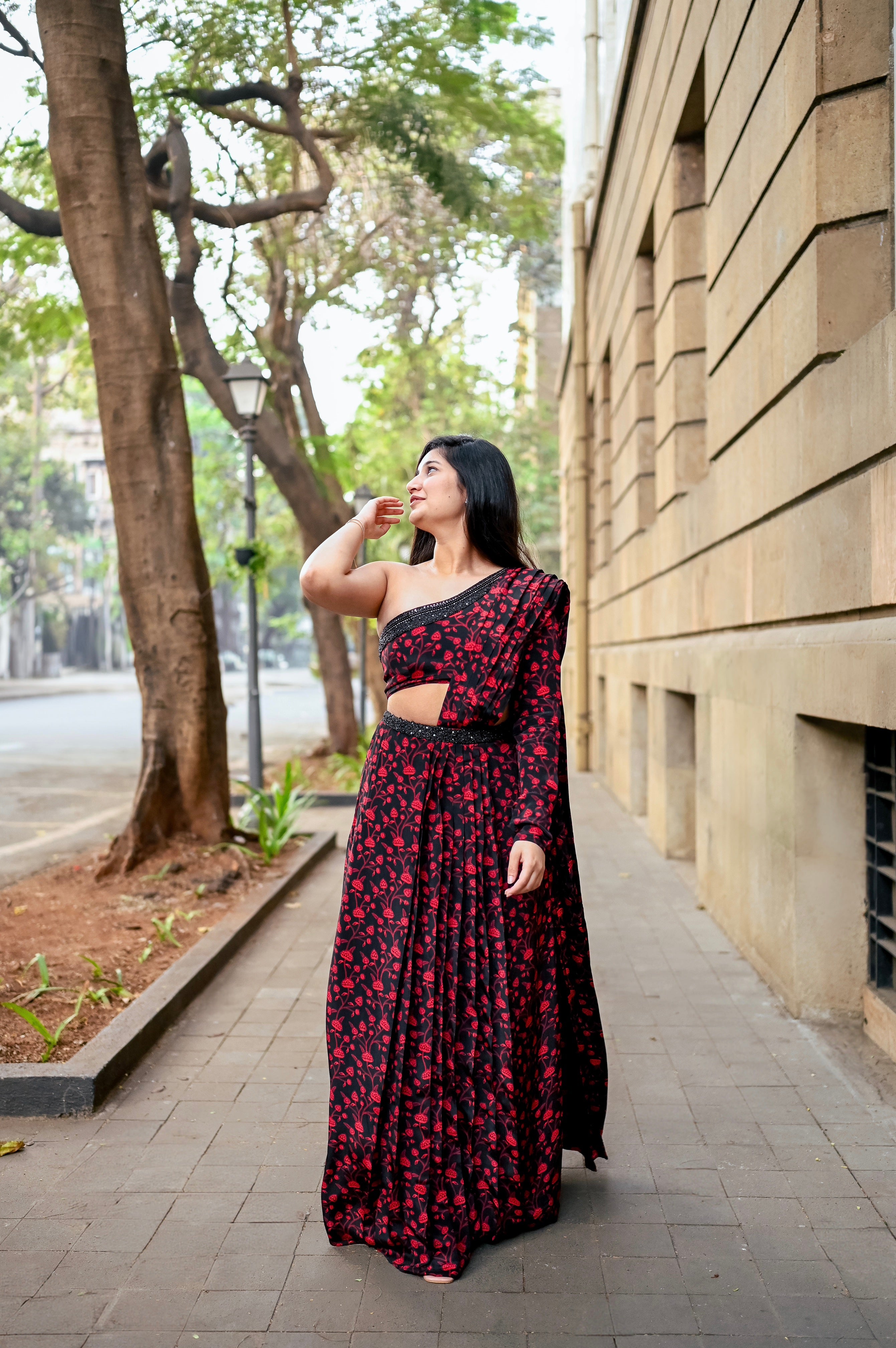 Pleated saree with one-shoulder blouse - AJILIYAA