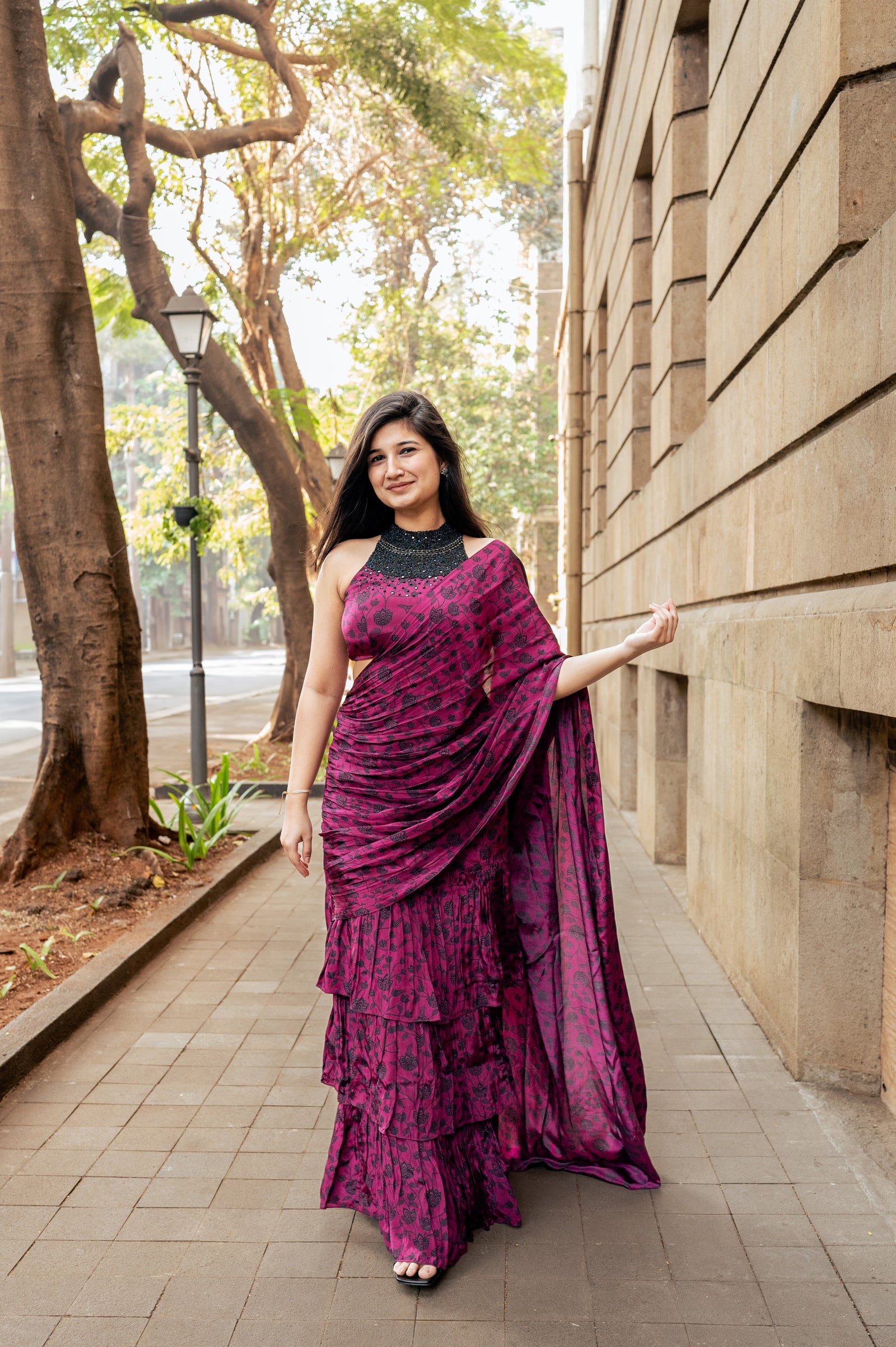 Berry Ruffle Saree with High Neck Blouse