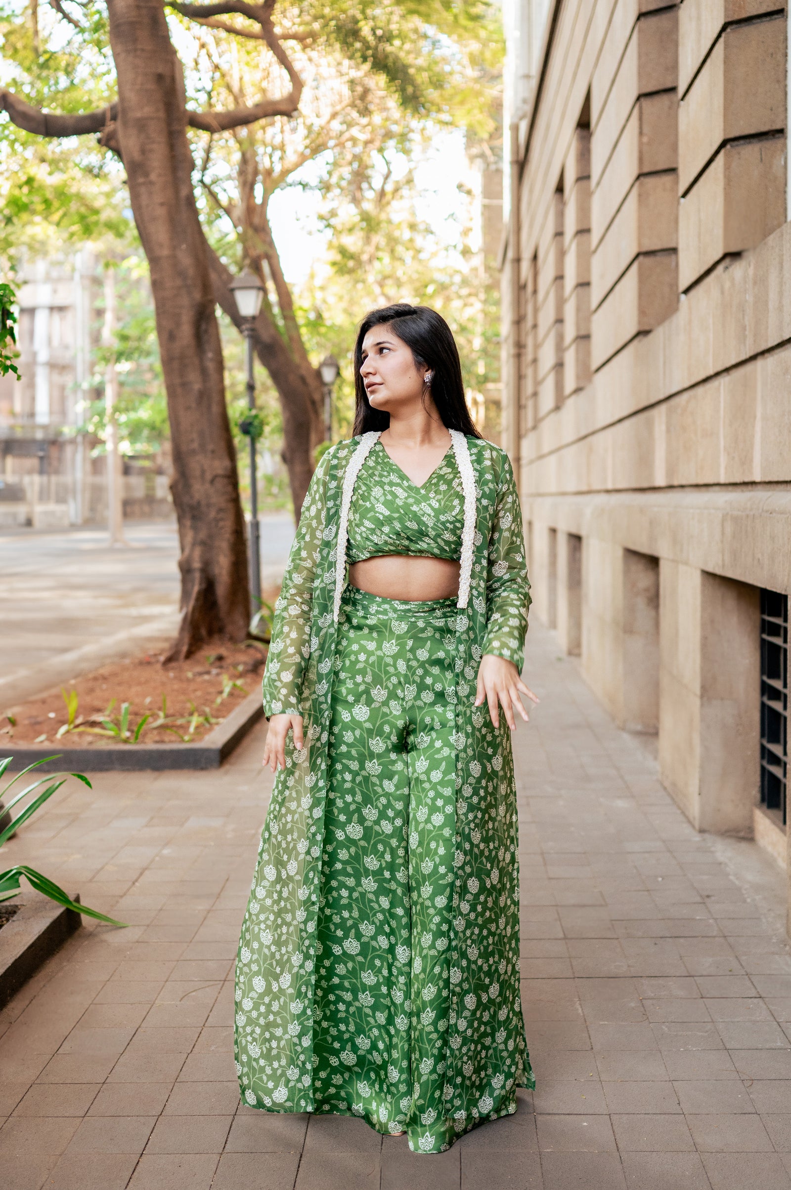 Olive Green Hand-Pleated Crop Top and Jacket Set