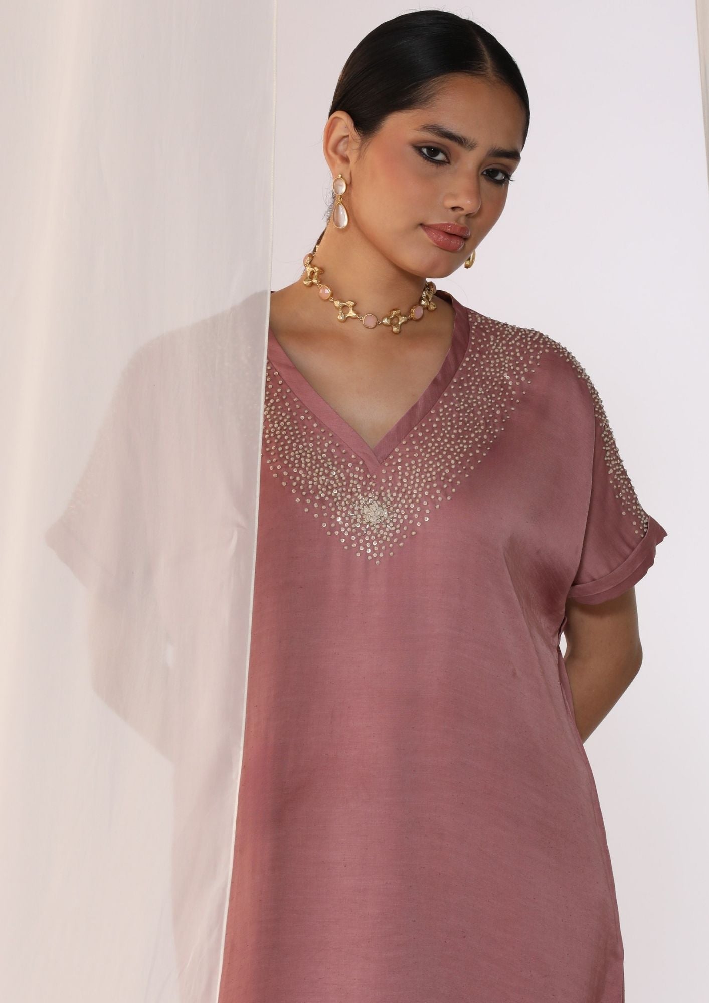 Linen Satin Co-Ord Set With  Knot  Handwork Embroidery