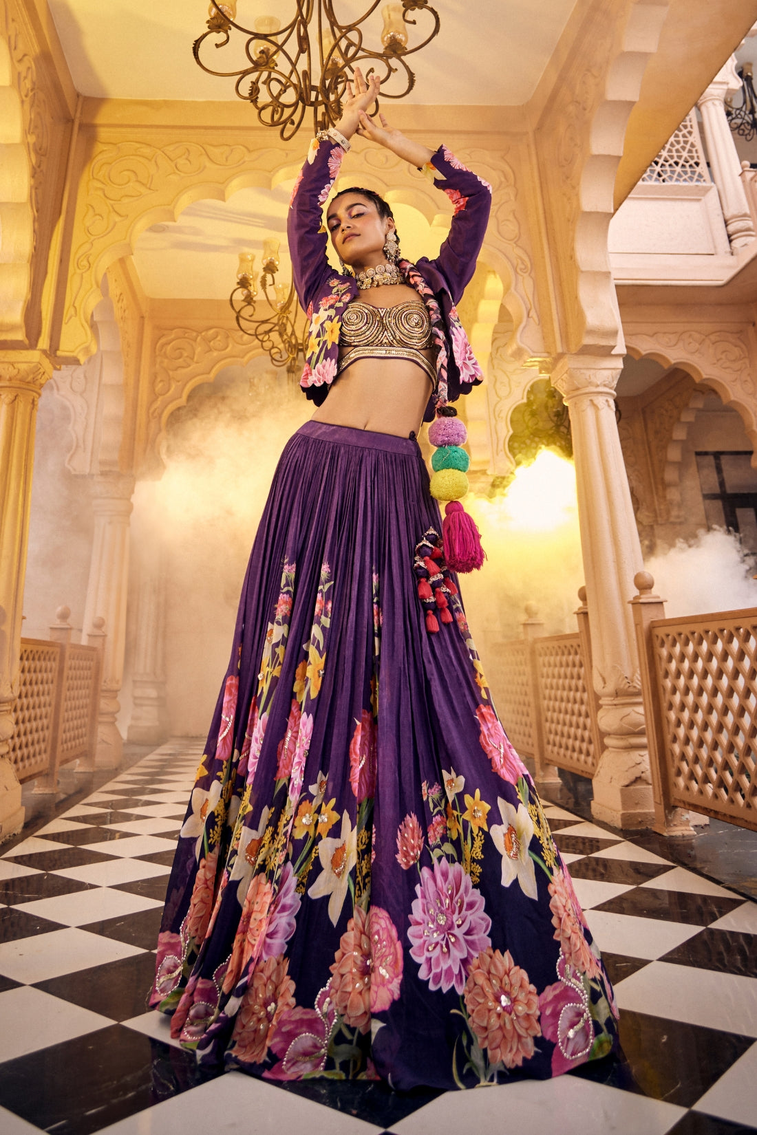 A Purple Floral Printed Embroidered Lehenga Set