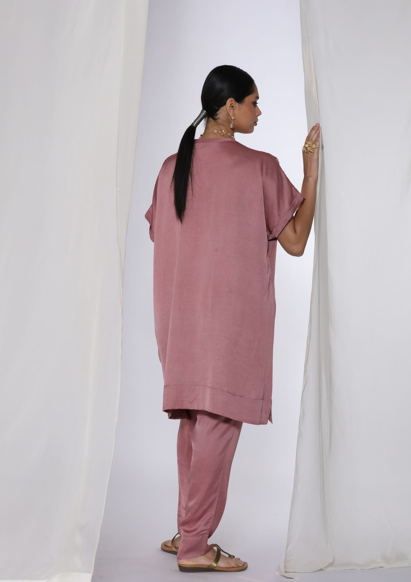 Linen Satin Co-Ord Set With  Knot  Handwork Embroidery