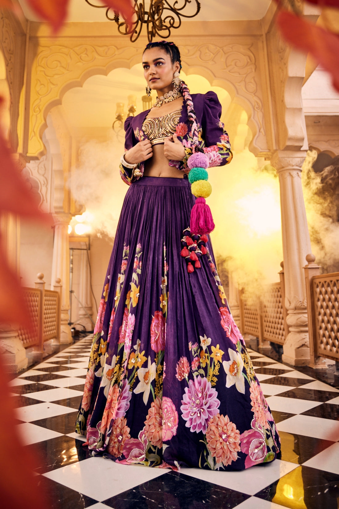 A Purple Floral Printed Embroidered Lehenga Set