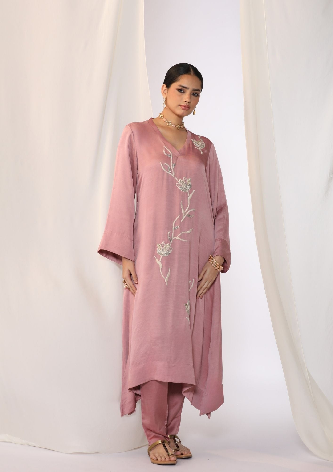 Linen Satin Kurta With  Floral  Handwork Embroidery With Slim Pants
