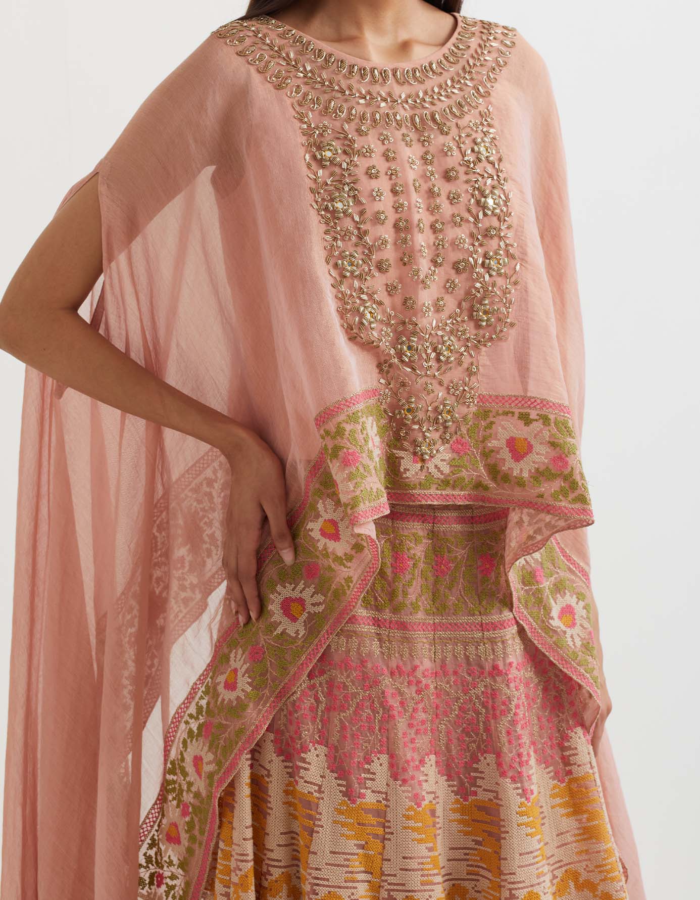 Blush pink green cross stitch embroidered skirt in landscape motif paired with tissue chanderi dupatta cape with zardozi embroidery