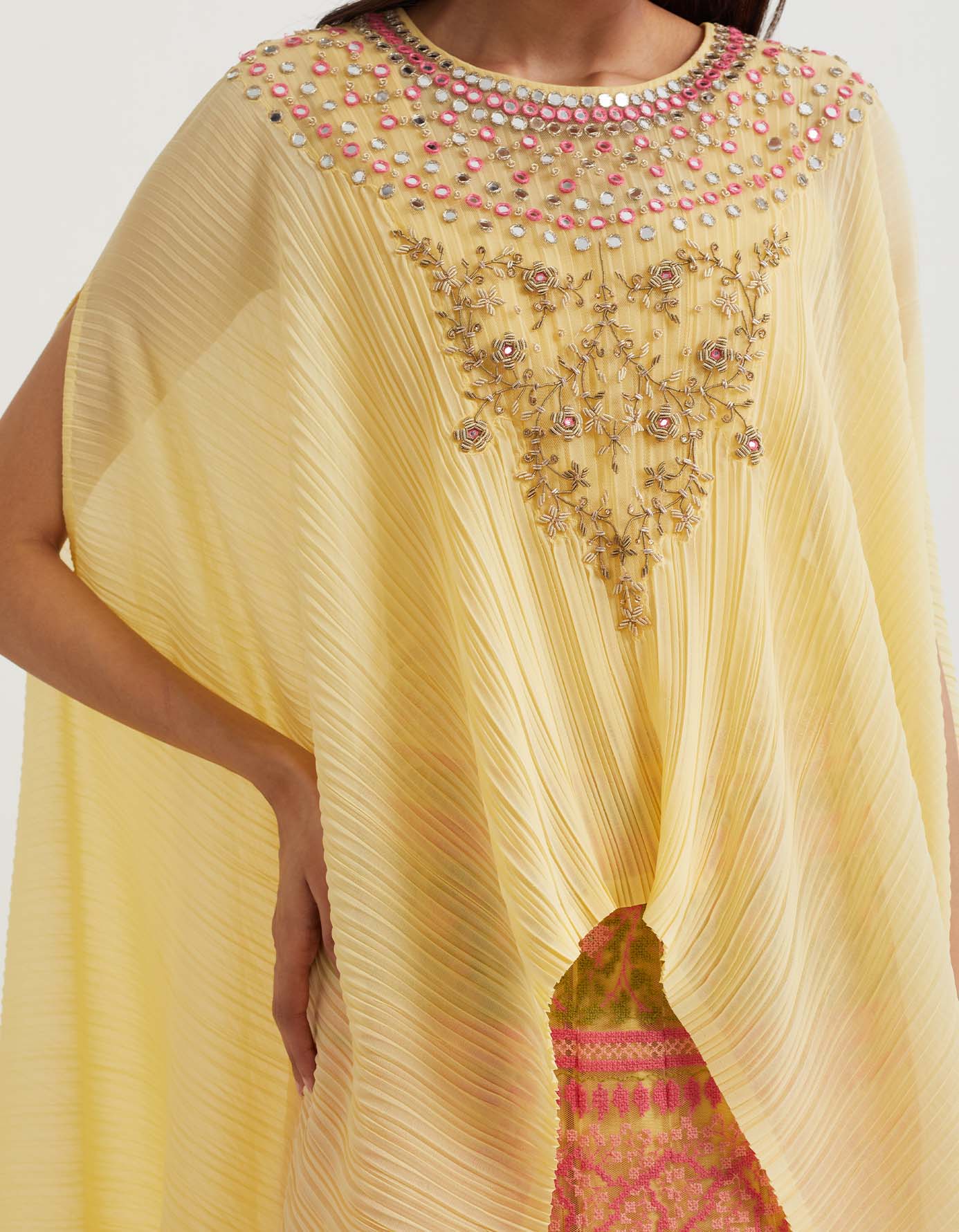 Lemon cross stitch embroidered skirt in landscape motif paired with crinkle georgette dupatta cape in zardozi embroidery