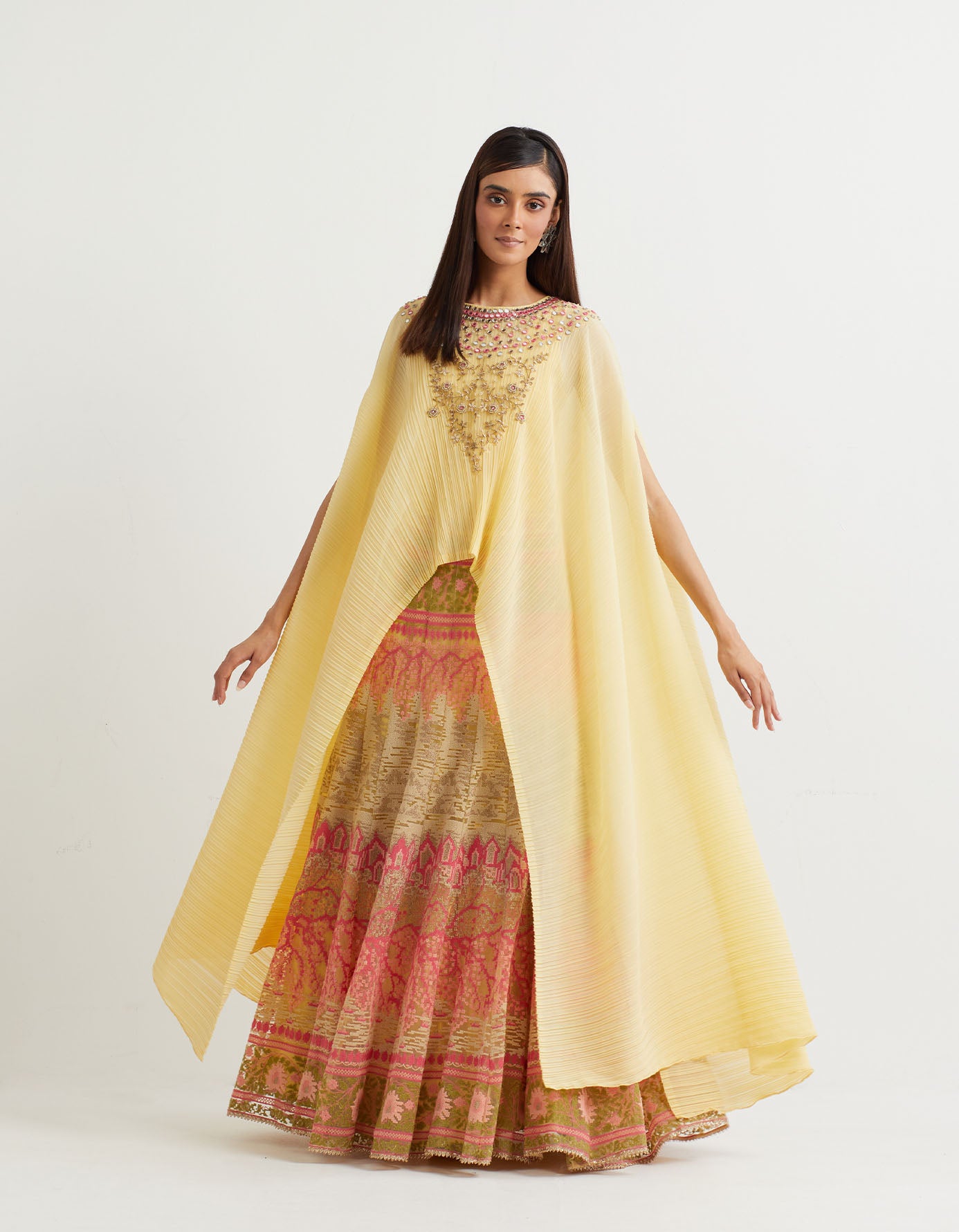 Lemon cross stitch embroidered skirt in landscape motif paired with crinkle georgette dupatta cape in zardozi embroidery