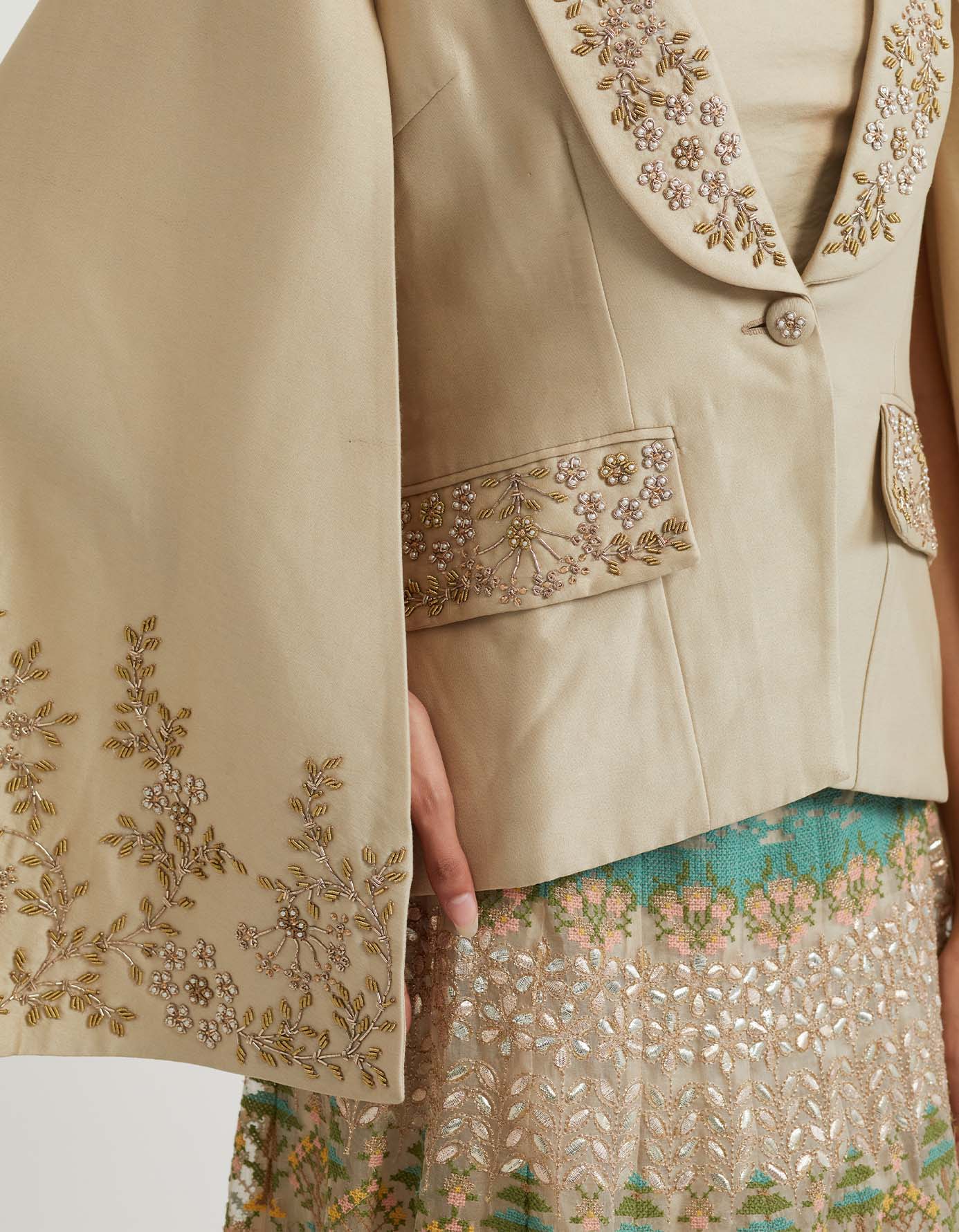 Beige cross stitch embroidered skirt in landscape motif paired with chanderi zardozi embroidered jacket