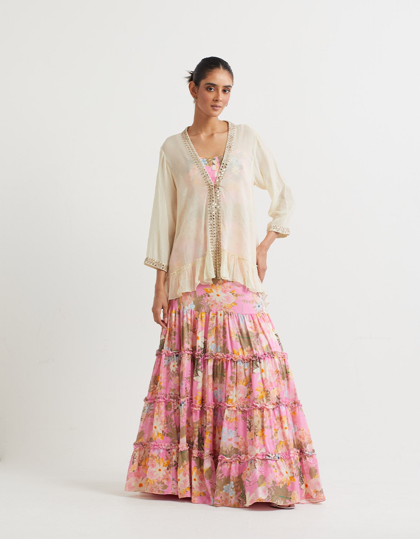 printed tiered skirt paired with front open jacket in mirror work