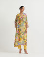 Printed pure silk a line kurta with hand embroidered  cuffs paired modal silk narrow pants.