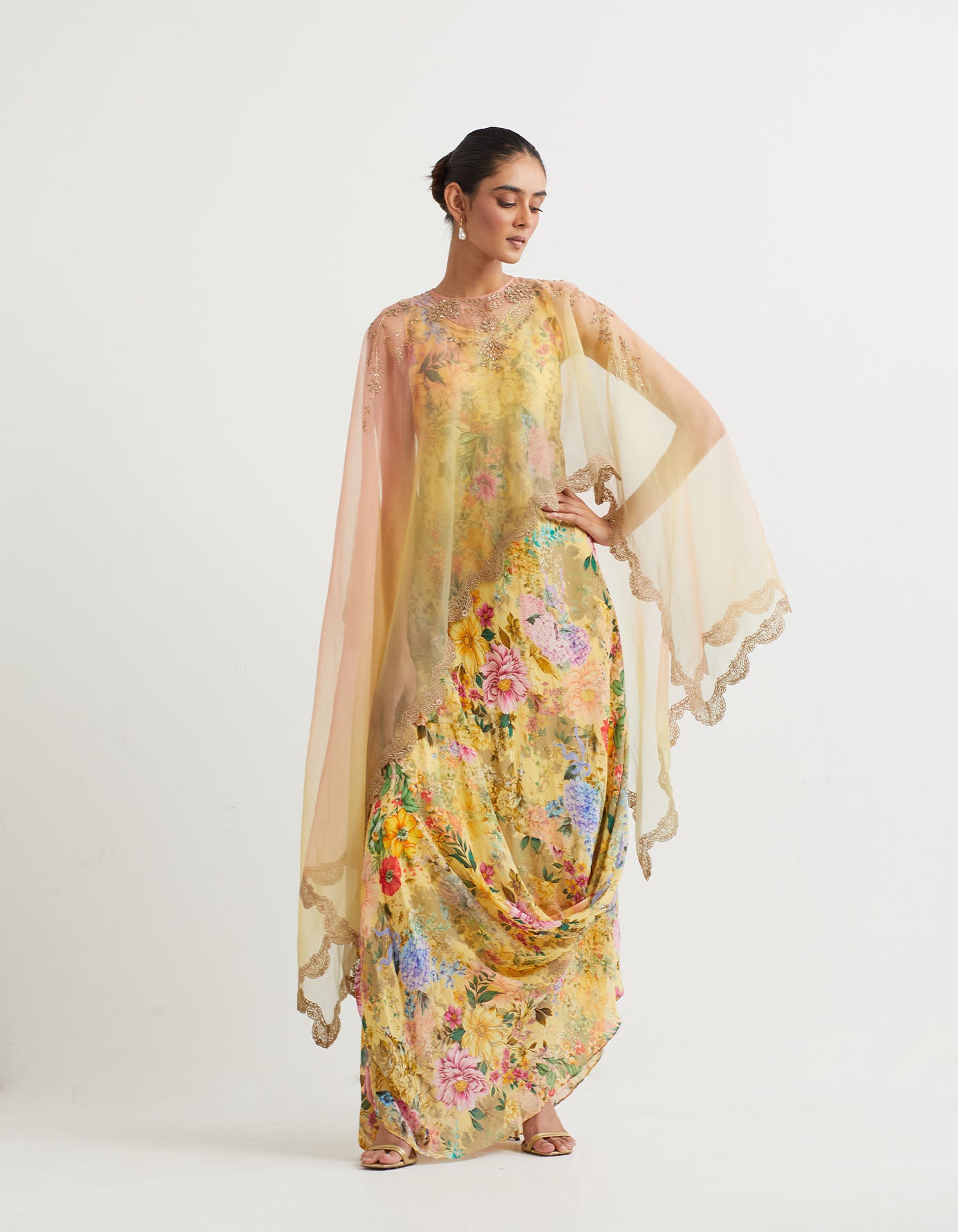 printed cowl dress paired with ombre dupatta cape with hand embroidery and gold zari scallop border