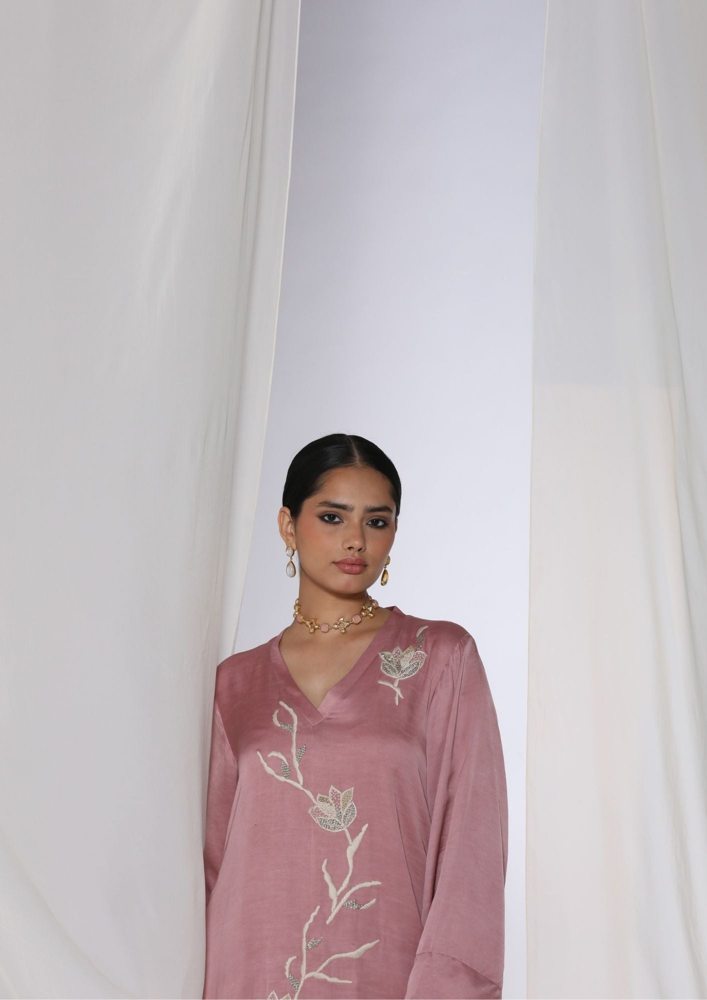 Linen Satin Kurta With  Floral  Handwork Embroidery With Slim Pants