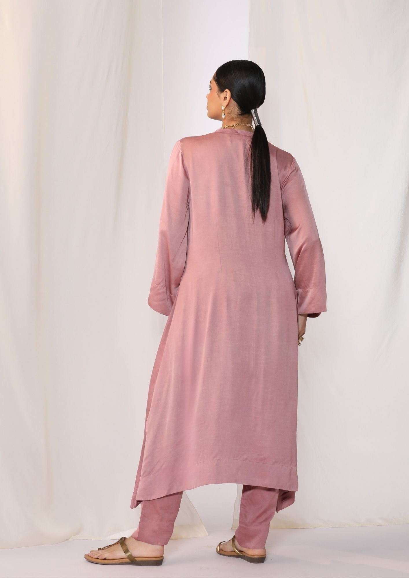 Linen Satin Kurta With  Floral  Handwork Embroidery With Slim Pants