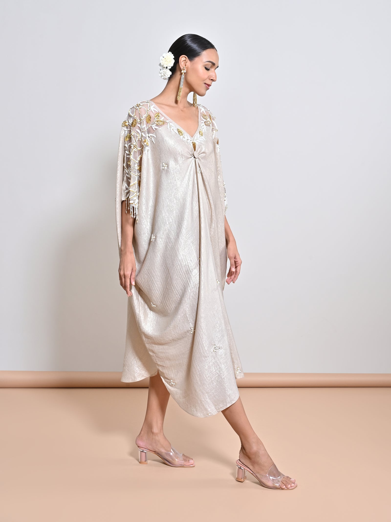 Light Gold Shimmer Foil Crepe Kaftan