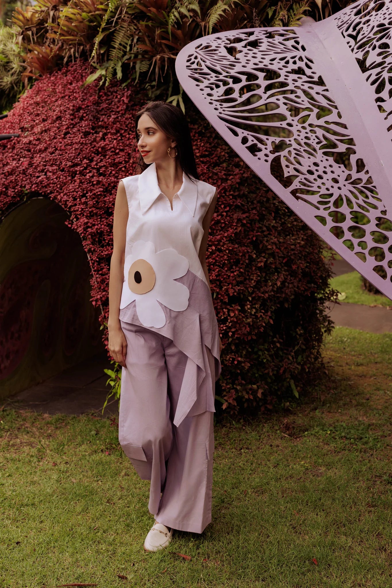 Collar Blocked Co-ord Set With Red Flower