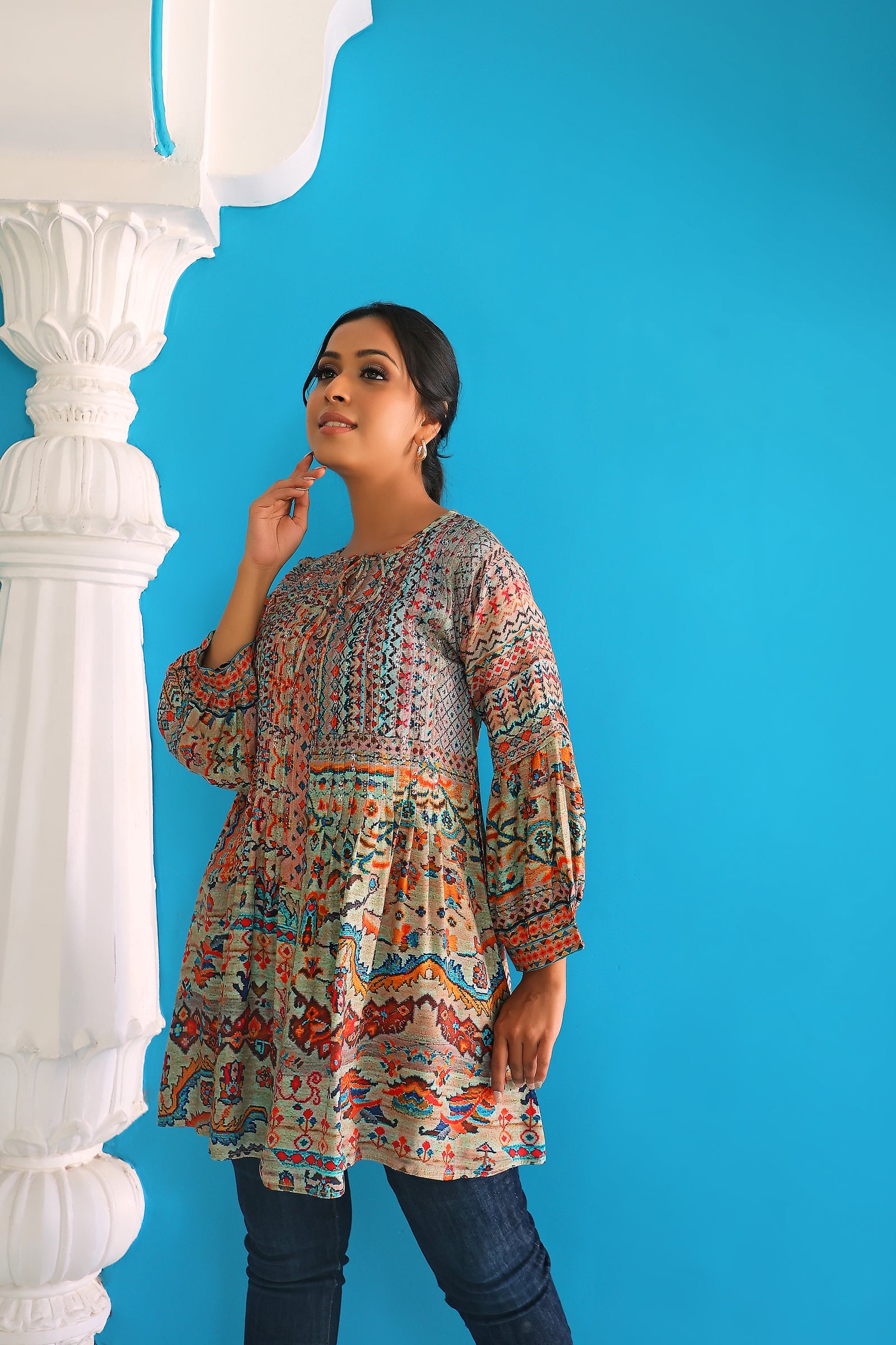 Sand Beige And Orange Pin Tucks Printed Multicolour Tunic