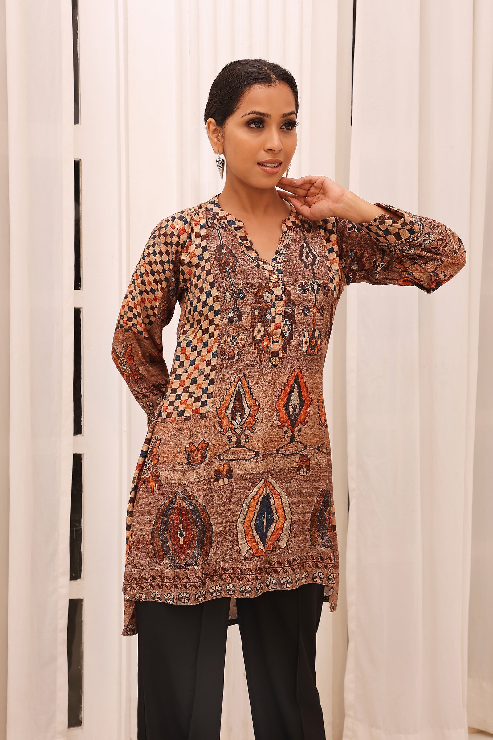 Brown High Low Printed Tunic