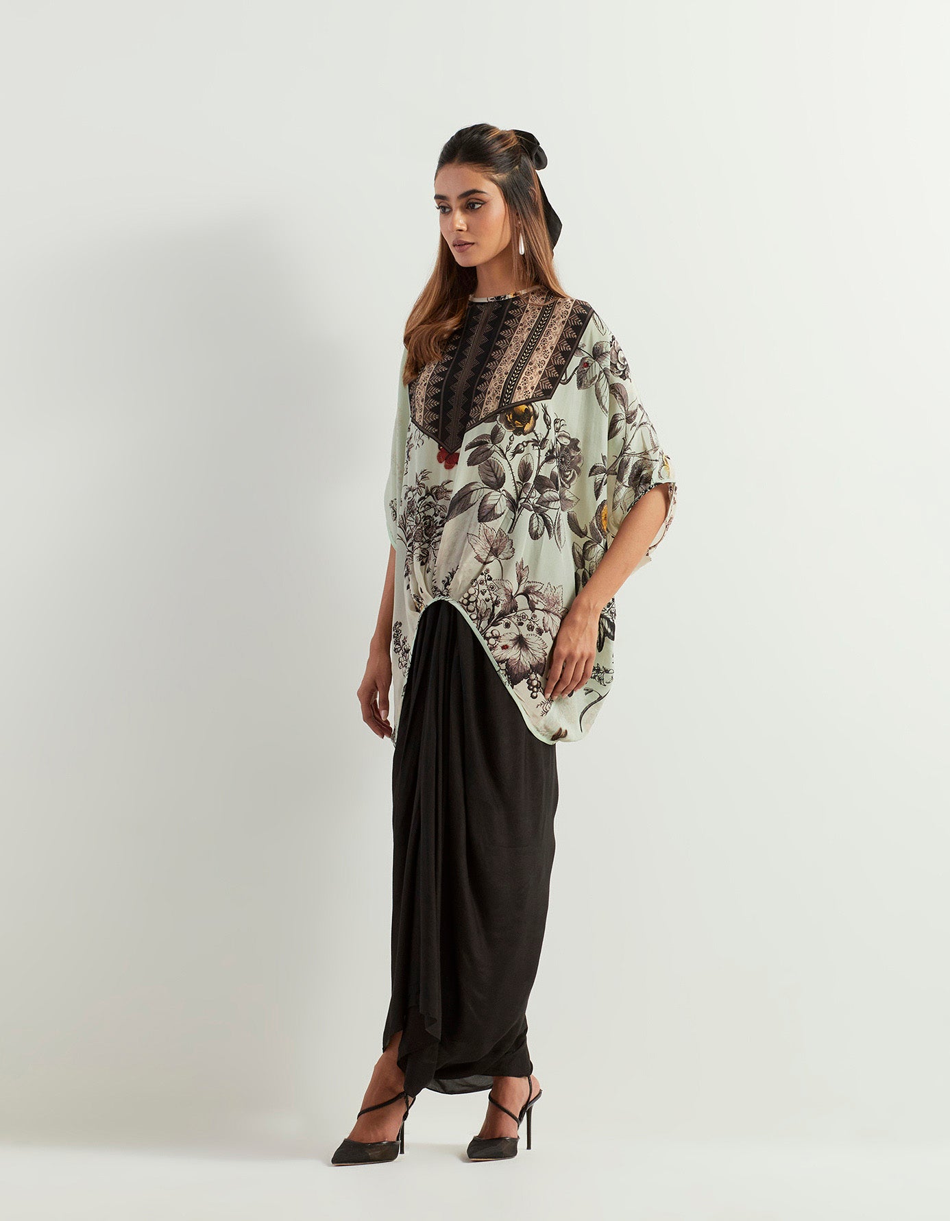 Saaya printed top with drape satin skirt