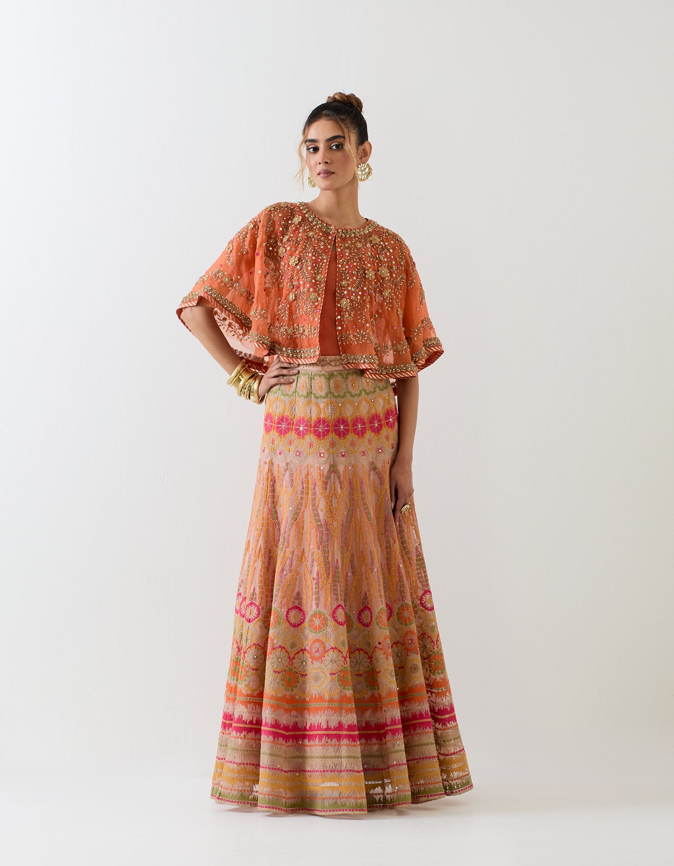 Organza circular cape in exquisite hand embroidery paired with cross stitch organza skirt