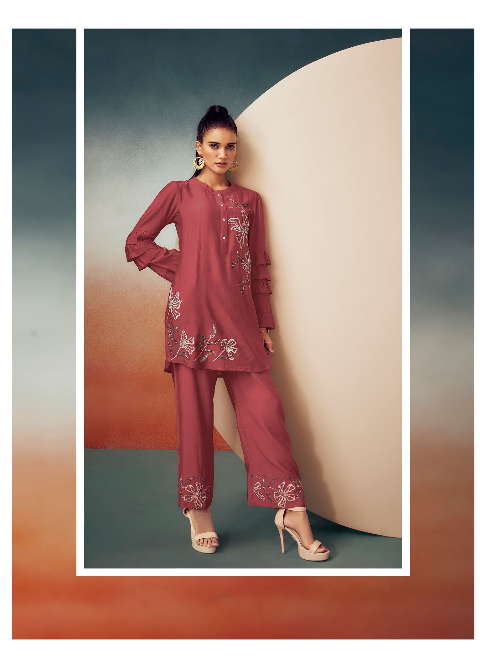 Kiaa Hibiscous Red Embroidered Thread Ruffle Tier Sleeves Tunic Set