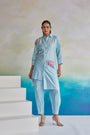 Marine Mirage Sky Blue Thread And Bead Embroidery Asymmetric Shirt Style Tassel Detail Tunic With Pants