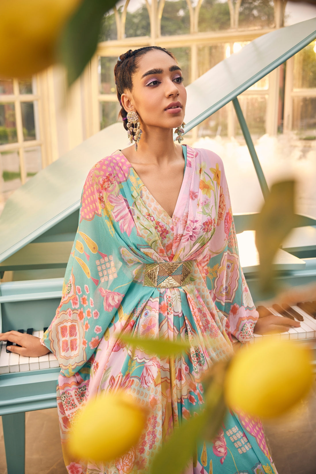 The Ensemble Features A Stunning Turquoise Blue Kaftan Set
