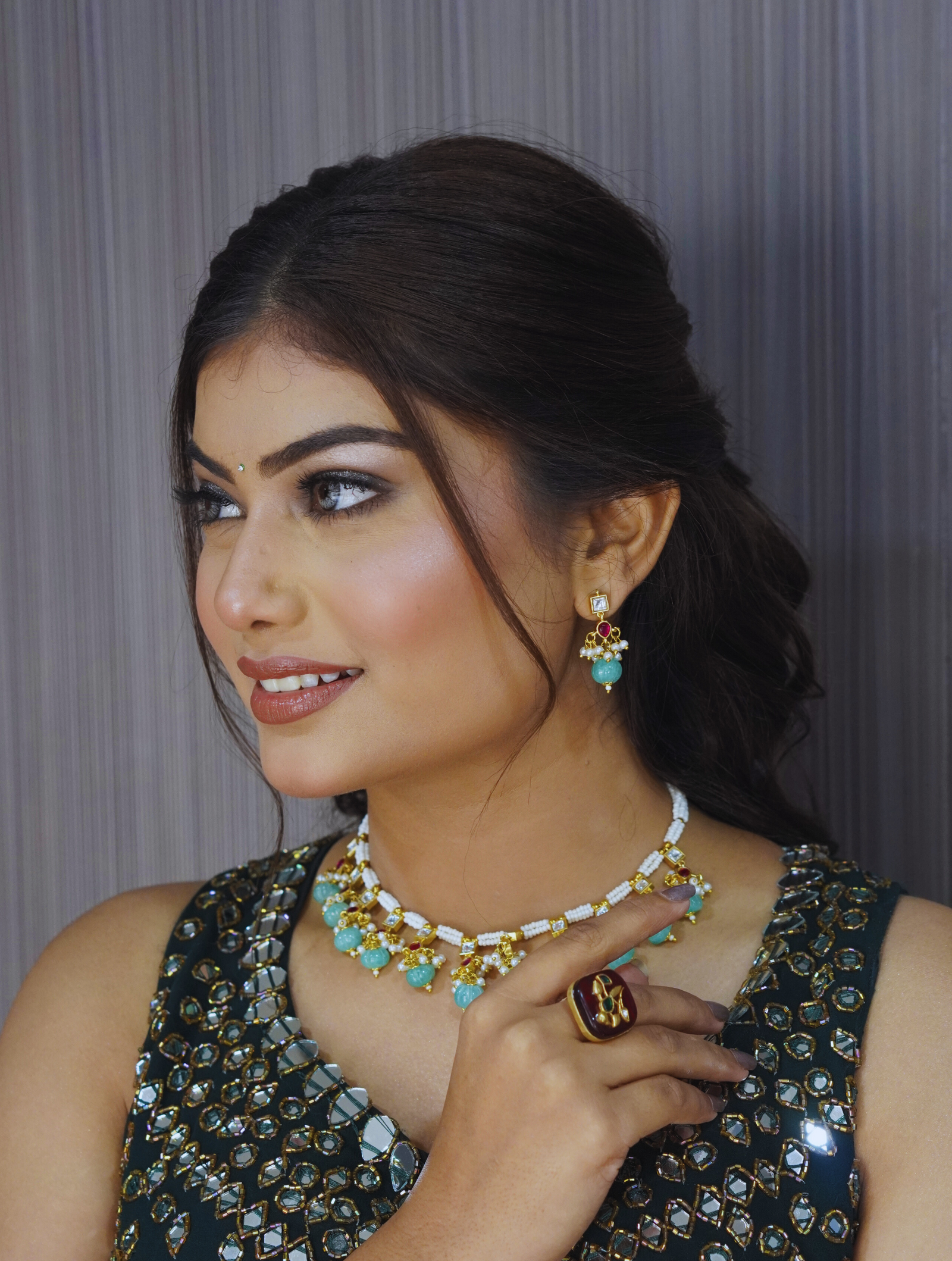 Pearls Necklace Set With Kundan And Blue Drops