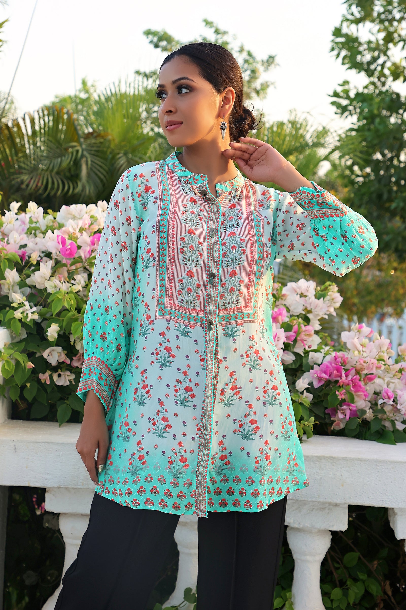 White And Turquoise Blue Floral Printed Tunic