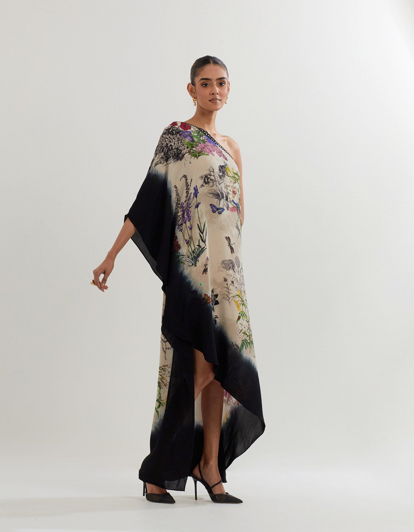 Botanical printed asymetric one shoulder dress