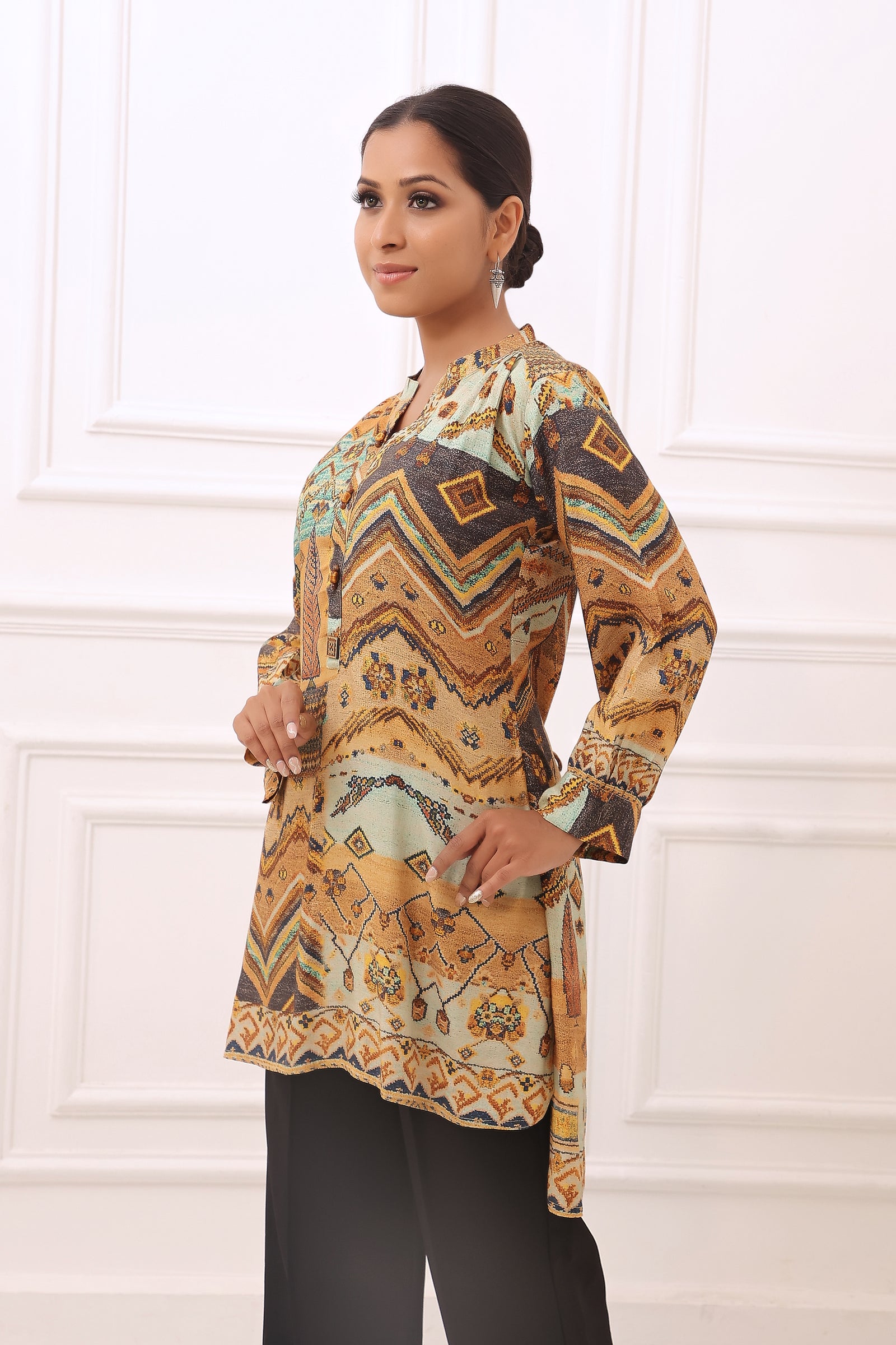 Sand Beige And Turquoise Blue High Low Printed Tunic