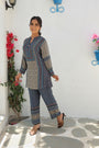 Kyna Blue And Beige Contempoarary Placement Print Tunic Set With Wooden Embellishment