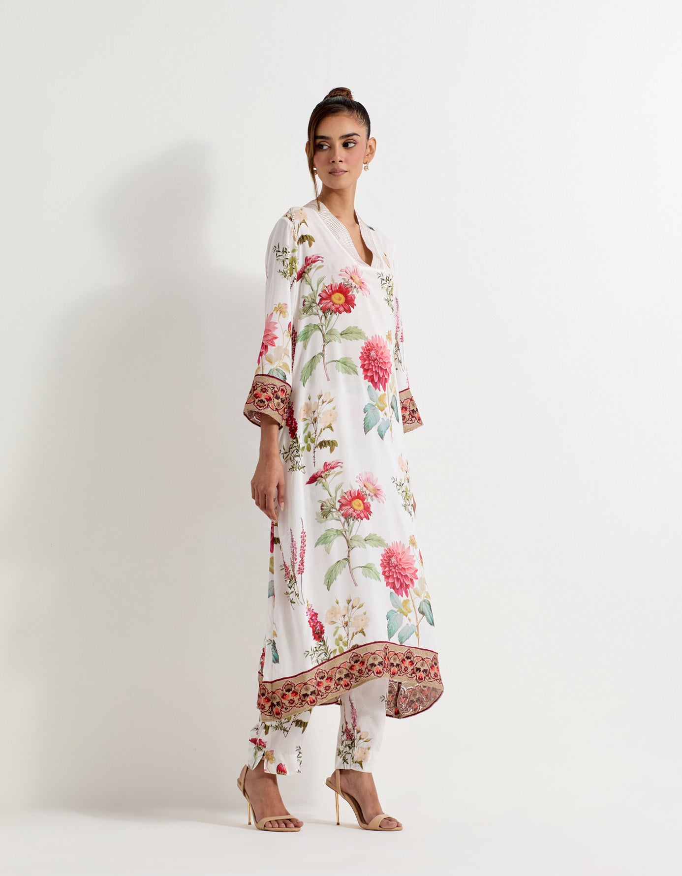 Daisy printed modal silk kurta with cross stitch border and pants