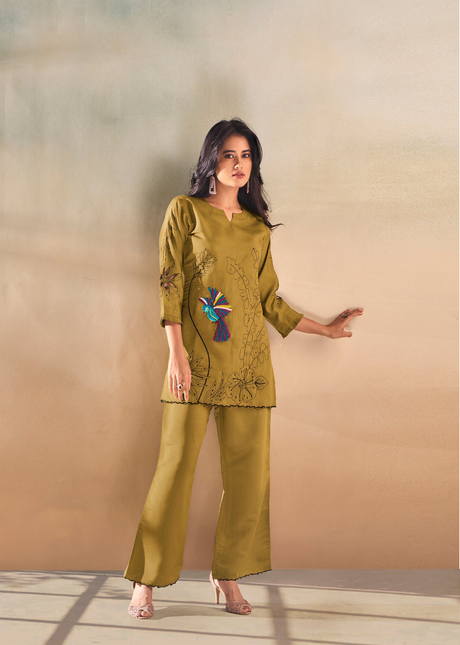 Kaftanize Mustard Green Embroidered Peacock Muslin Tunic Set With Cut Work