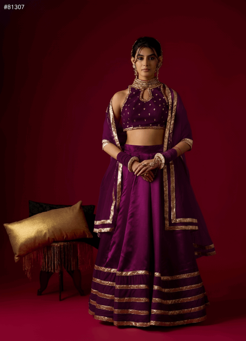 Brinjal Violet Russian Silk Satin Lehenga with Velvet Blouse Set